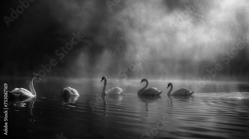 black and white picture showing swans crossing the water, in the style of stark contrast of light and shadow, esteban vicente, photo