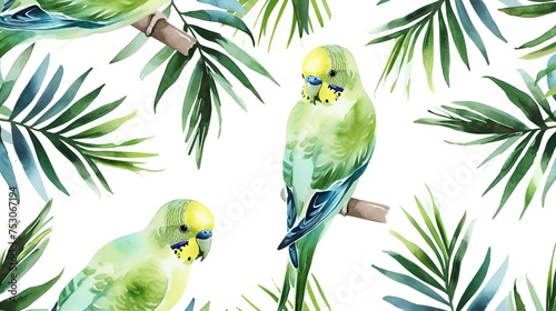 Watercolor pattern with lovebirds parrots  jungle palm leaves on white background. Children s rooms wallpapers. Design for clothes  apparel printing  poster or cover. AI Generative