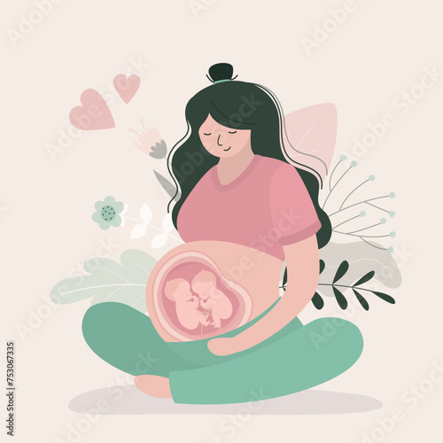 Pregnant woman sitting in lotus position. Two human unborn children fetus in mother belly. Pregnancy concept. Twins babies in womb.
