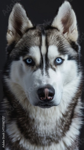 a Siberian Husky close-up portrait looking direct in camera with low-light  black backdrop. Siberian Husky dog portrait  snow and ice