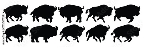 Bison buffalo silhouettes set, large pack of vector silhouette design, isolated white background