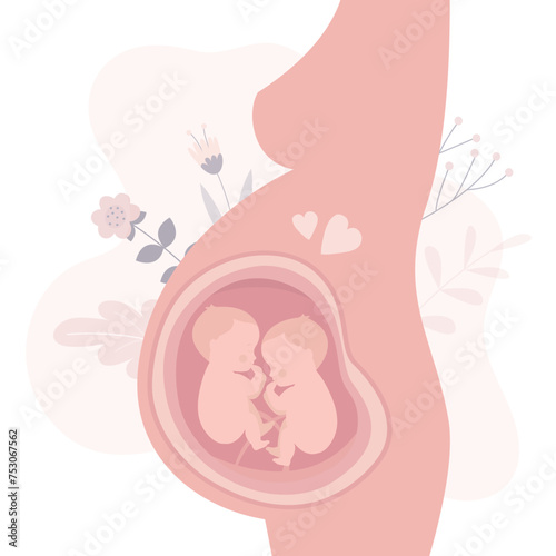 Two human unborn children fetus in mother belly. Happy pregnant woman. Pregnancy concept. Twins babies in womb. Pregnancy and health of mother and baby inside.