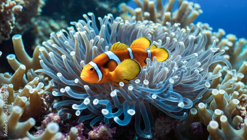 small clownfish swimming among the delicately colored tentacles of an anemone under the sea surface