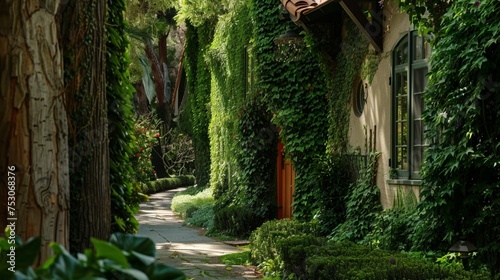  Greenery in an old suburban community outside Los Angeles, California, characterized by narrow streets shaded by ancient oak trees, charming cottages with ivy-covered facades