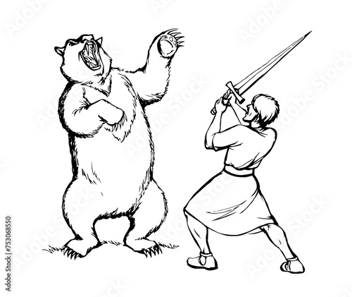 Vector drawing. An angry bear attacking man