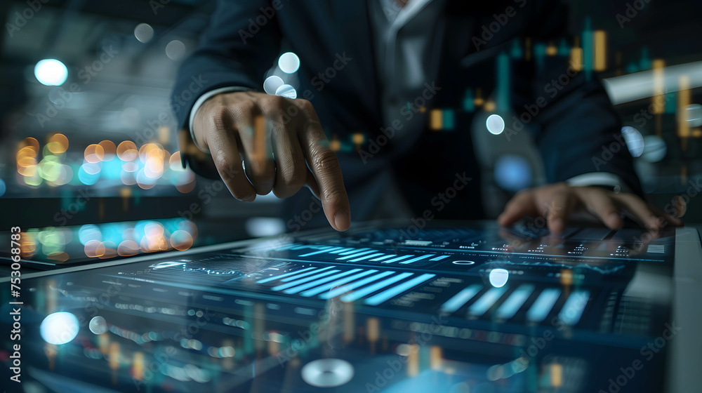 Businessman or investor or manager using AI technology for data analytics, investing or trading in stock and currency, plan and define strategy in business Businessman or investor or manager using AI technology for data analytics, investing or trading in stock and currency, plan and define strategy in business