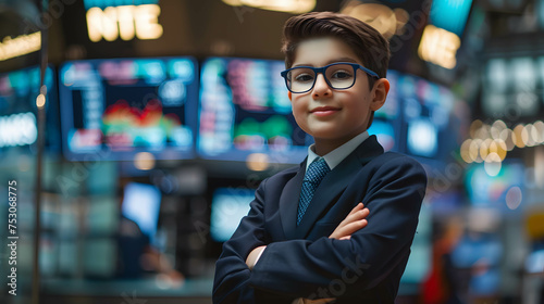 portrait of confident child businessman or investor on stock exchange background, invest at an early age for financial freedom and a happy retirement concept photo