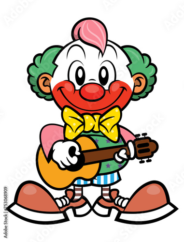 Funny Clown cartoon character playing acoustic guitar and singing a birthday song. Best for mascot, logo, and sticker with circus themes for kids
