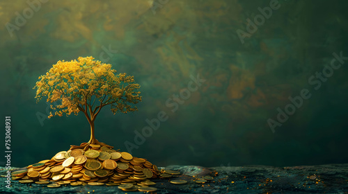 golden tree growing on pile of golden coins, business and investment growth, investment plan for financial freedom and retirement, asset allocation management