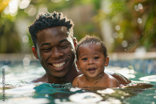 Joyful black father and baby playing together in swimming pool