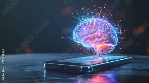 AI technology or artificial intelligence that has become a part of human life, AI helps humans work more easily, hologram brain floating out from smartphone, neural network concept #753068965