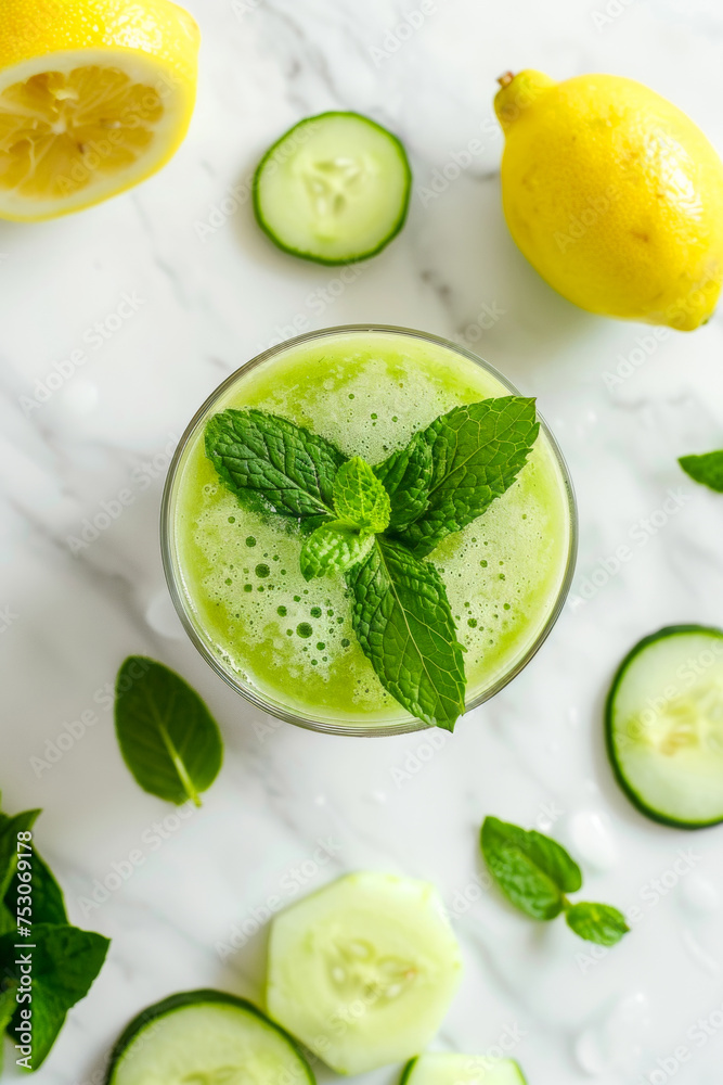 delicious Cucumber lemon smoothie with mint leaves , for a styled food photography shoot on a white marble kitchen delicious Cucumber lemon smoothie with mint leaves , for a styled food photography shoot on a white marble kitchen
