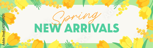 Spring flowers background material, yellow tulips and mimosa