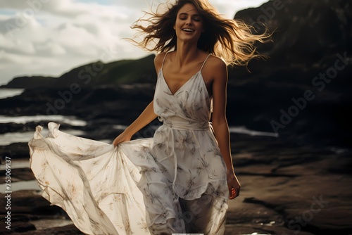 Clad in a flowy maxi dress and sandals, the model's carefree laughter resonates against a backdrop of sandy beaches and crashing waves.