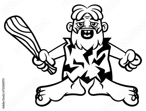 Caveman wearing outfit made by animal skin and carrying a wooden bat to chase away an predator. Best for outline, logo, and coloring book with prehistory themes for children