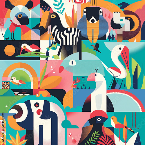 Poster  postcard with zoo animals drawn in geometric style.