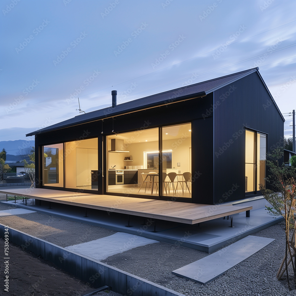 One-storey wooden house. House by the evening lake. Evening cottage. Evening cottage landscape. Small house by lake.Lighting of country cottage. One-storey wooden house. House by the evening lake. Evening cottage. Evening cottage landscape. Small house by lake.Lighting of country cottage.