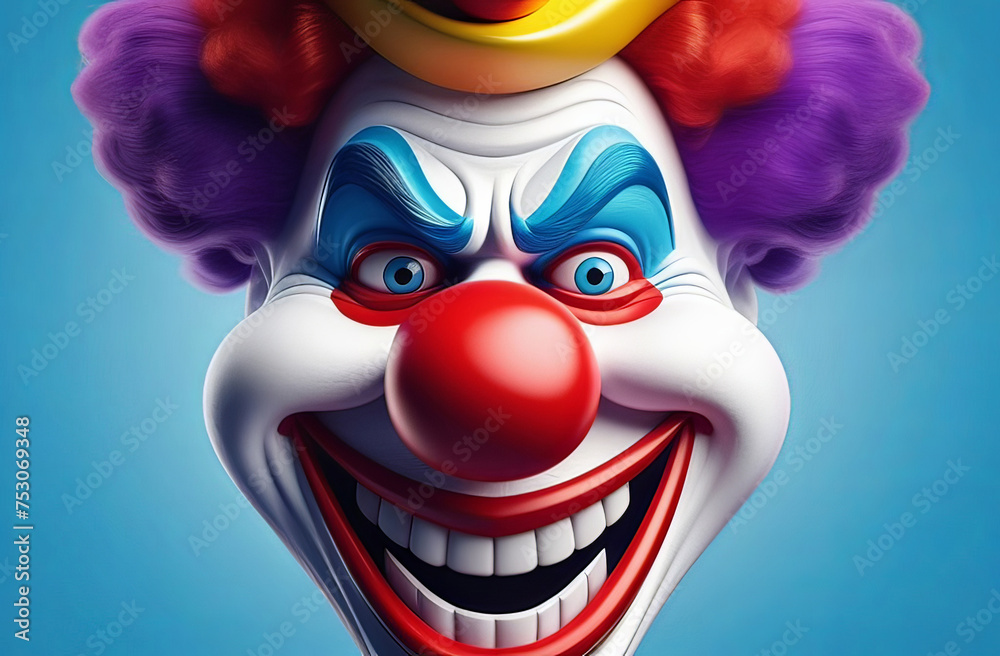 Obraz premium studio portrait of a clown on plain blue studio background, good for 1 april fool's day banner, space for text. High quality illustration