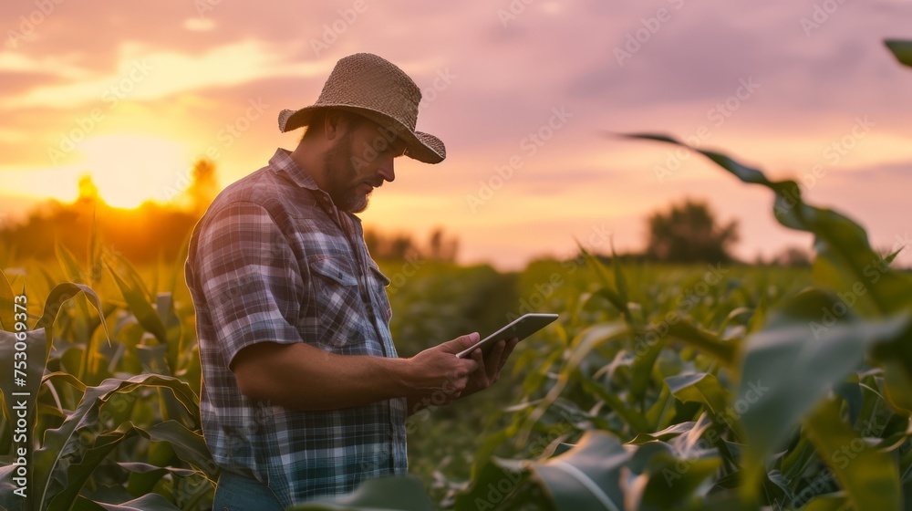 Agroecology agriculture and management farmer in the field with a tablet integration of technology in farming practices enhancing productivity and sustainable agricultural systems.