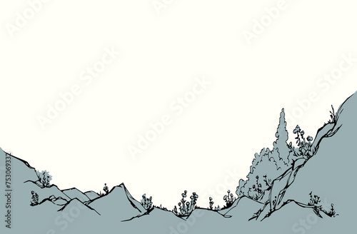 Vector drawing. Plantds grows on the stony hill