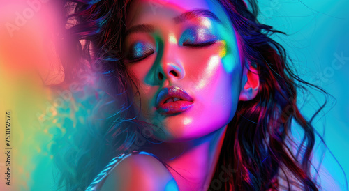 asian rainbow girl with rainbow makeup portrait © Kien