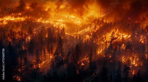 Wildfire with towering flames engulfing a dense forest, highlighting the severity of forest fires. photo
