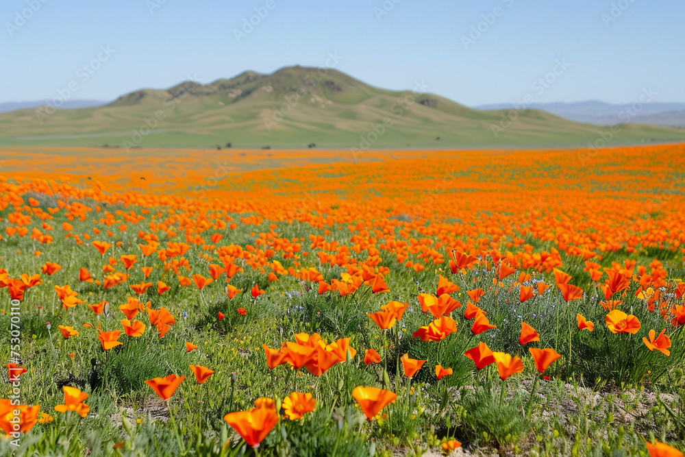 Orange Poppy Field with Distant Hills, poppies valley