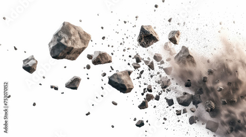 Discover the surreal scene of flying rocky debris and dust, isolated on a transparent background. AI generative photo