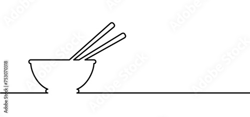 Cartoon bowl and eating chopsticks or Chinese chopsticks. In Chinese, chopsticks means kuizi. Food, sushi, noodles. Thai, Japanese or Asian cuisine. Restaurant tools. Kitchenware icon.