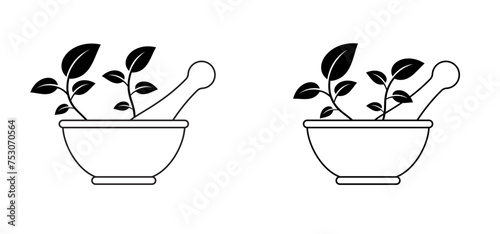 Mortar to grind herbs and leaf. Kitchenware icon. Mortars, pestle with leaves. Mixing herbal medicine icon. Pharmacy logo. Mortar and pusher for herb grinding. Medicine bowl. Healthy food, meal concep