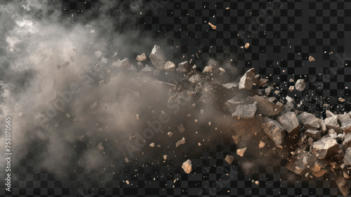 Experience the dynamic motion of flying rocky debris with dust, isolated on a transparent background. AI generative.