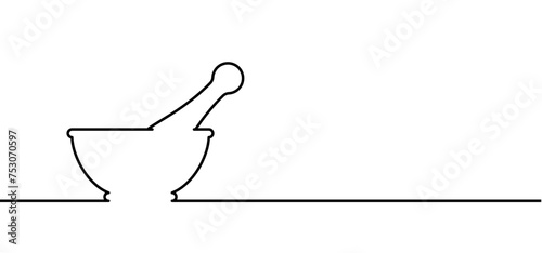 Mortar to grind herbs. Kitchenware icon. Mortars and pestle. Mixing herbal medicine icon. Pharmacy logo. Mortar and pusher for herb grinding. Medicine bowl. Healthy food, meal concept.