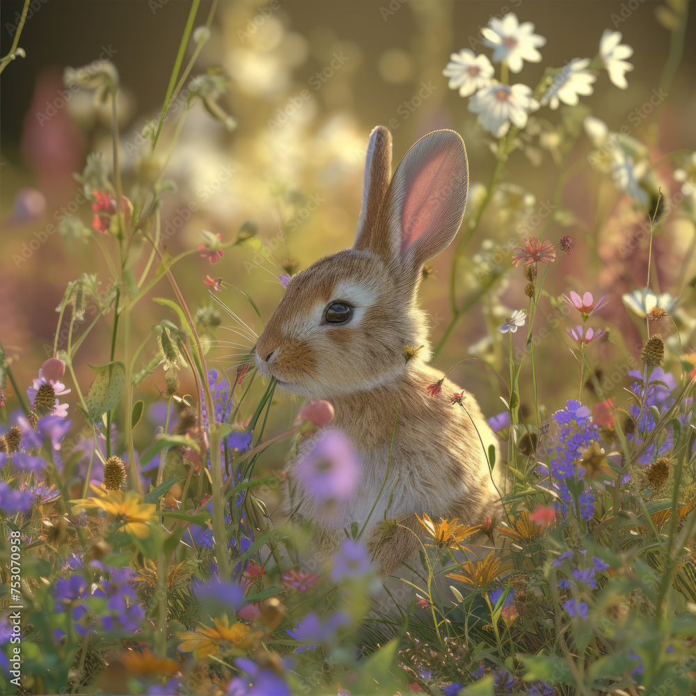 Capture the innocence of wildlife as a rabbit feeds on flowers in a lush meadow setting. AI generative