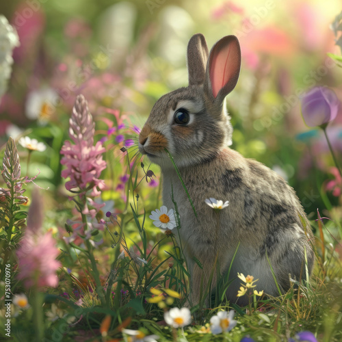 Witness the tranquility of a meadow filled with flowers as a rabbit peacefully grazes. AI generative