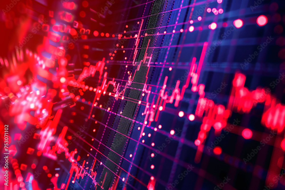 Obraz premium Nahaufnahme bunter roter Kursverläufe an der Börse – dynamische Darstellung von ETF- und Aktienhandel, Symbol für Finanzmärkte und Investitionen