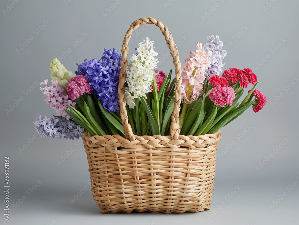 Lovely straw bag adorned with hyacinth and carnation blossoms in season