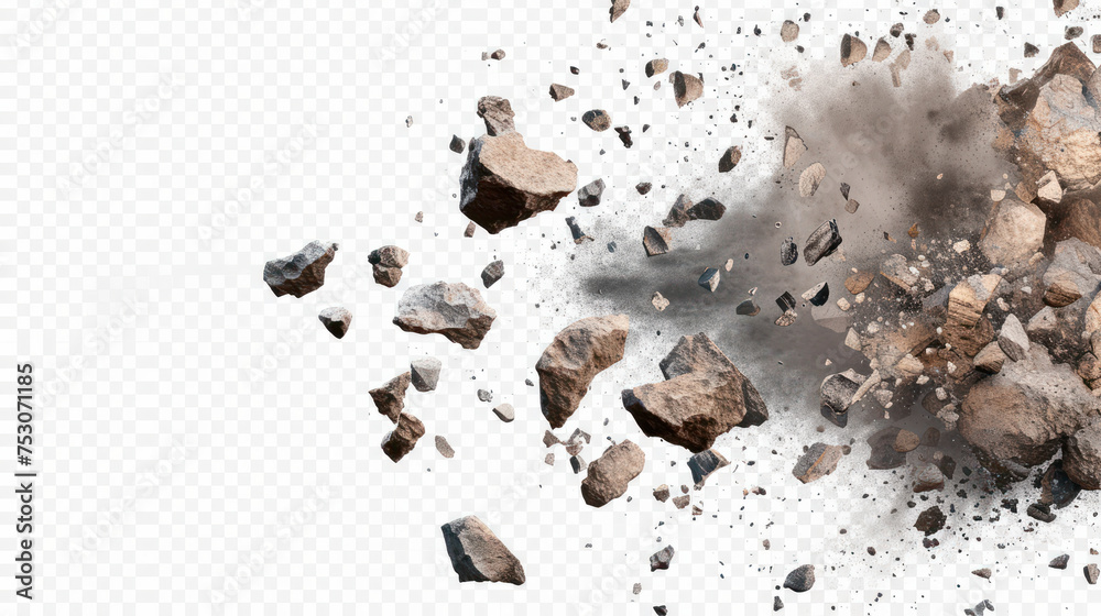 Capture the cosmic chaos of rocky debris and dust in motion, isolated on transparent. AI generative