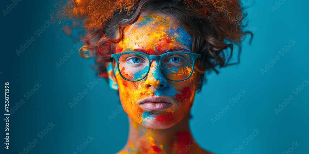 Spectrum of Thought.
A person with colourful paint on their face and glasses looks contemplatively, symbolising deep thought.