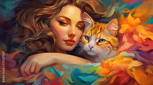 Oil painting artistic image of colourful female cat love