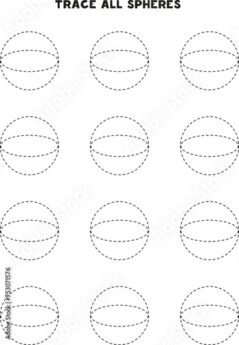 Tracing spheres. Handwriting practice for children. Black and white.