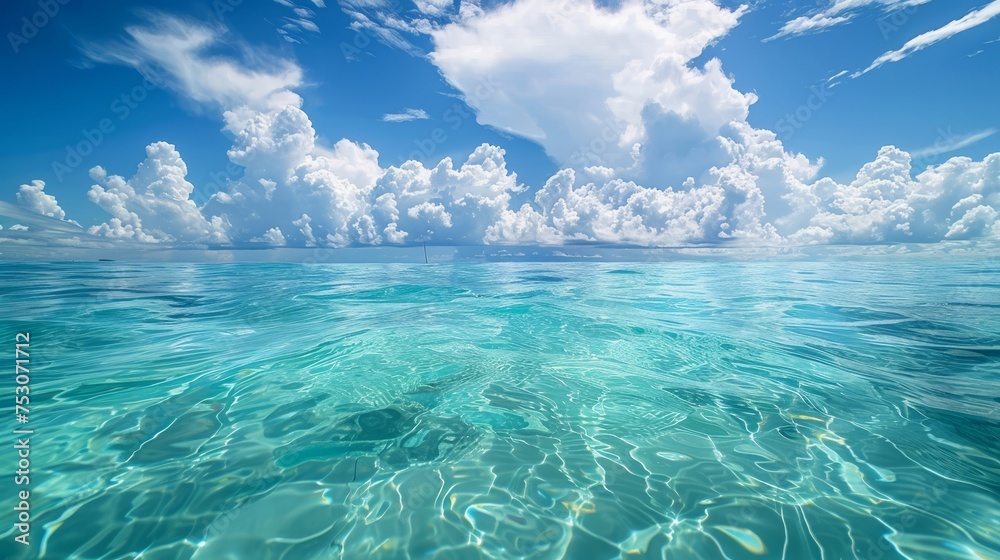A split level shot of turquoise ocean water and clouds in a blue sky
