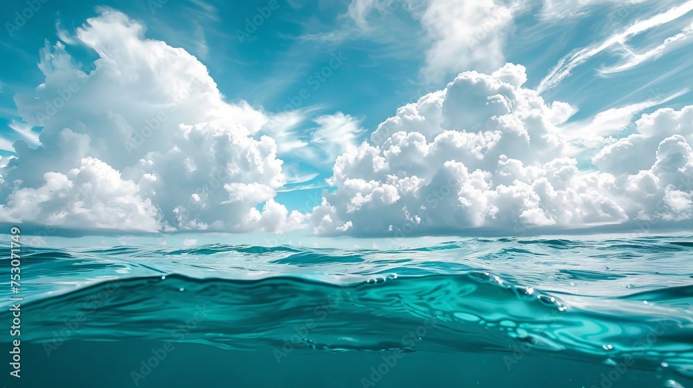 A split level shot of turquoise ocean water and clouds in a blue sky