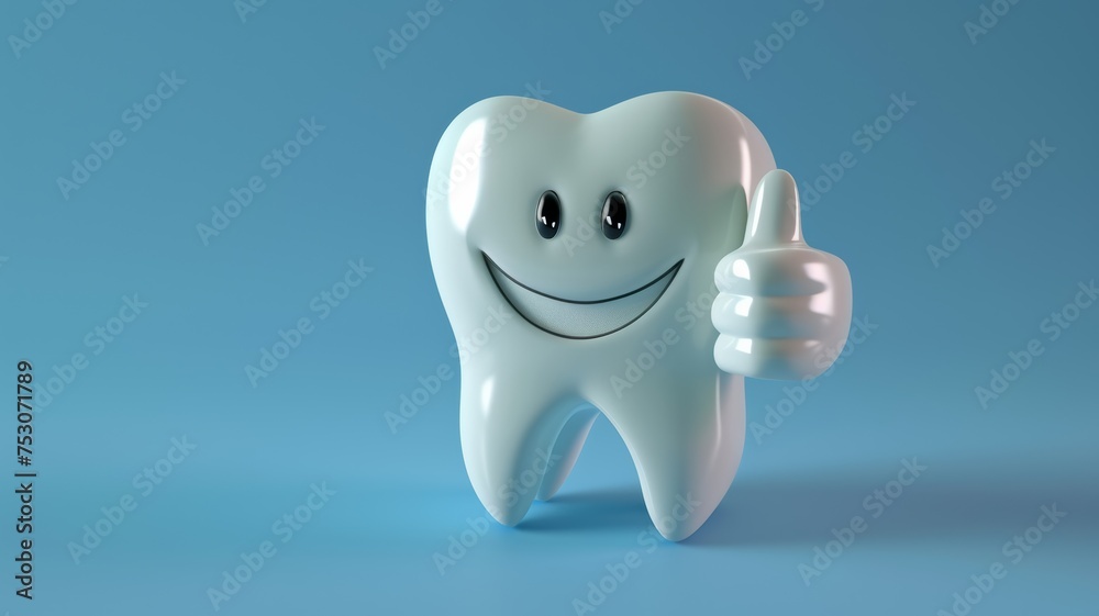 A cheerful anthropomorphic tooth character giving a thumbs up, ideal for promoting dental health awareness and hygiene education.
