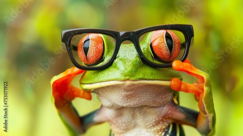 Adorable frog wearing glasses posing in studio environment with colorful background