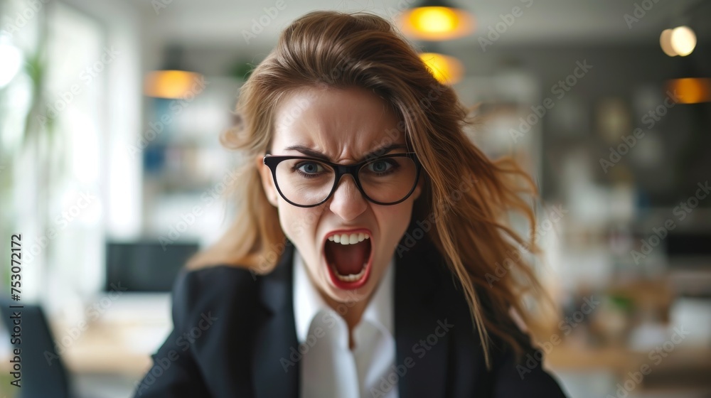 Portrait of angry businesswoman screaming in office. Shocked businesswoman in glasses looking at camera Portrait of angry businesswoman screaming in office. Shocked businesswoman in glasses looking at camera