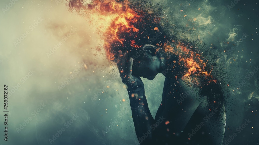 Frightened woman with a huge fire in her hands on a dark background Frightened woman with a huge fire in her hands on a dark background