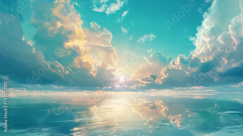 Sunlight dancing on the surface of a calm, aquamarine sea, merging seamlessly with the cloud-kissed heavens.