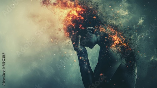 Frightened woman with a huge fire in her hands on a dark background