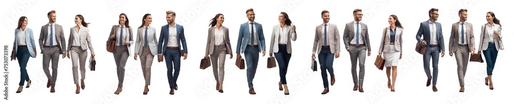Collection of modern business people discussing business and smiling while walking on a transparent background