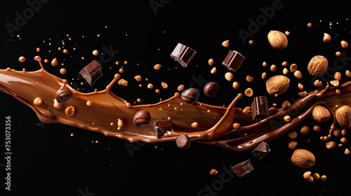 chocolate levitation. Freeze motion of flying group of liquid melted chocolate, raw chocolate pieces and nuts isolated on black background. Yummy chocolate. Confectionery, chocolatier background photo